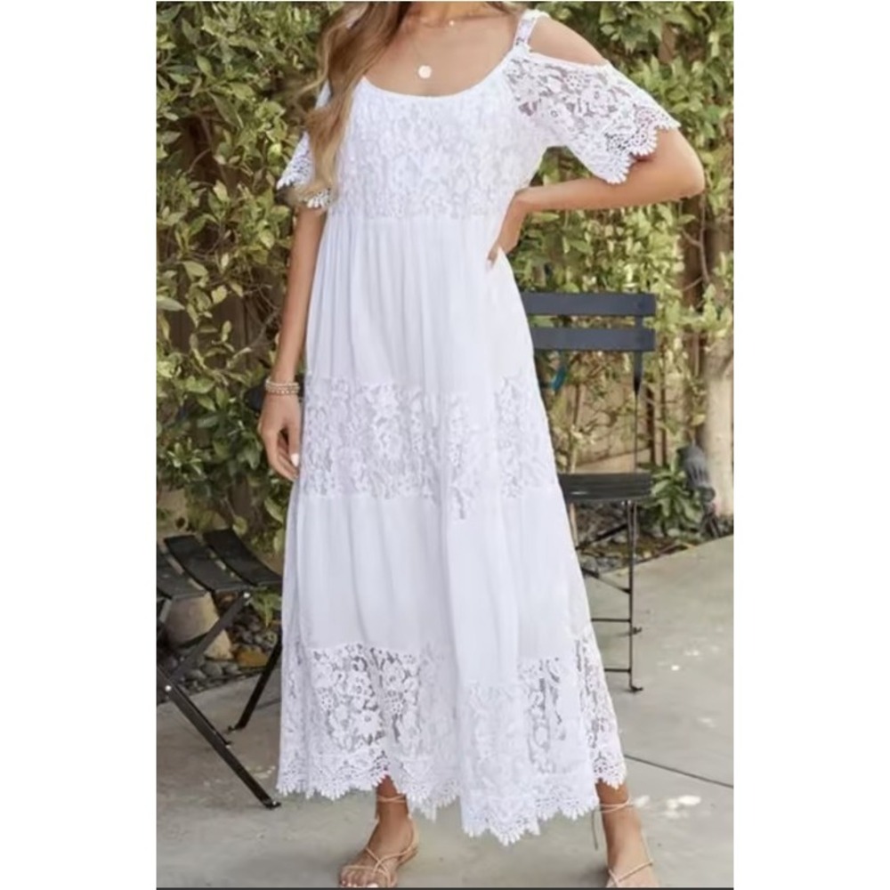 White Lace Cold-Shoulder Maxi Dress